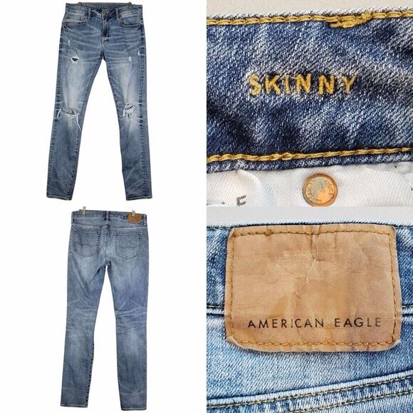 American Eagle AE Jeans Men’s Size 34x36 Light Wash Skinny Distressed - Picture 1 of 8